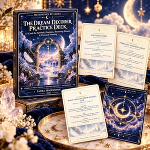 Op de afbeelding: The Dream Decoder Practice Deck van Laura Mackinnon, een kaartspel met 52 kaarten voor symbolen en dromen. De doos toont een illustratie van een hemelse boog. Drie losse kaarten worden getoond met tekst voor droominterpretatie en betekenissen.