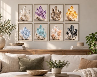 Kristall-Wandbild-Set (8-teilig) | Kunstdrucke natürlicher Kristallproben | Amethyst-Quarz-Citrin-Dekor | Druckbare PDF-Datei (US-Letter-Format)