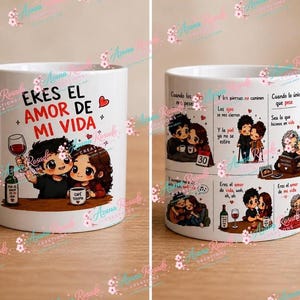 Può includere: Tazza in ceramica bianca con una coppia di cartoni animati, vino e il testo spagnolo "Eres el amor de mi vida." Il design della tazza include un fumetto con scene romantiche e testo spagnolo. Un bel regalo per le coppie.