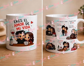 May include: White ceramic mug featuring a cartoon couple, wine, and the text "Eres el amor de mi vida." The mug's design includes a comic strip with romantic scenes and Spanish text. A charming gift for couples.