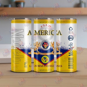 Op de afbeelding: Een gele en witte geïsoleerde beker met een afbeelding van een Modelo-bierblik. De afbeelding bevat de tekst "Modelo", "Club America", "Los Mas Chingones" en "Geïmporteerd bier".