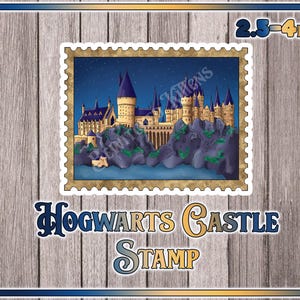 May include: A sticker featuring a detailed illustration of Hogwarts Castle under a starry night sky, framed within a postage stamp design. The sticker measures 2.5-4 inches. The words "Hogwarts Castle Stamp" are displayed below the image.