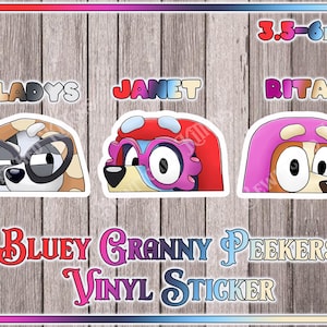 Bluey Granny Peeker Waterproof Vinyl Sticker Various Sizes