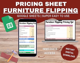 LISTE DE PRIX pour les meubles retournés modifiables Google Sheets pour vous aider à établir le prix et à calculer le retournement de vos meubles afin de maximiser vos profits