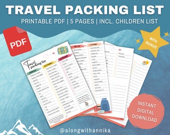 Colourful Travel Packing List Imprimable pour les voyages organisés | À utiliser comme liste de contrôle de voyage, liste de colisage pour la famille ou liste de colisage pour enfants