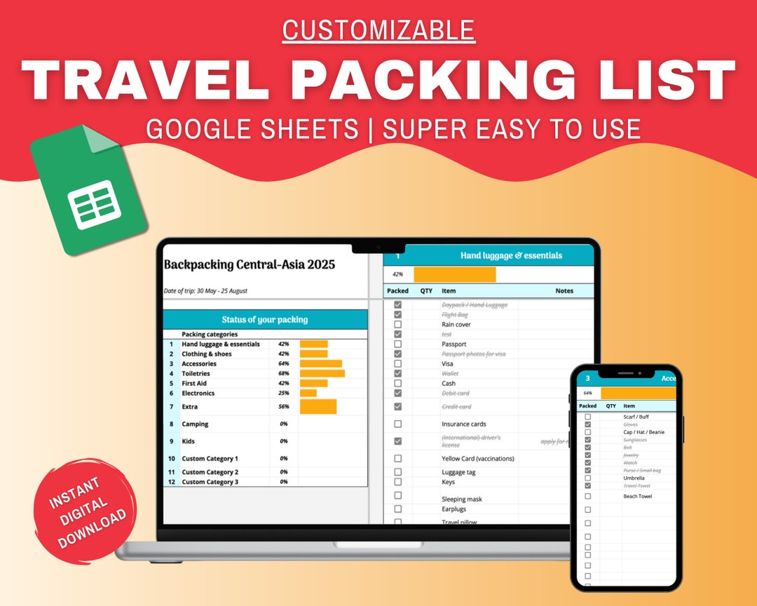 Editable Travel Packing List | Google Sheets Template (digital Download ...