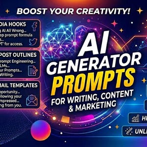 Può includere: Una grafica vibrante che promuove i prompt del generatore di intelligenza artificiale per la scrittura, i contenuti e il marketing. Il design presenta un'icona a forma di robot, testo e icone per i ganci dei social media, gli schemi dei blog e i modelli di e-mail. La combinazione di colori include viola, blu e giallo.