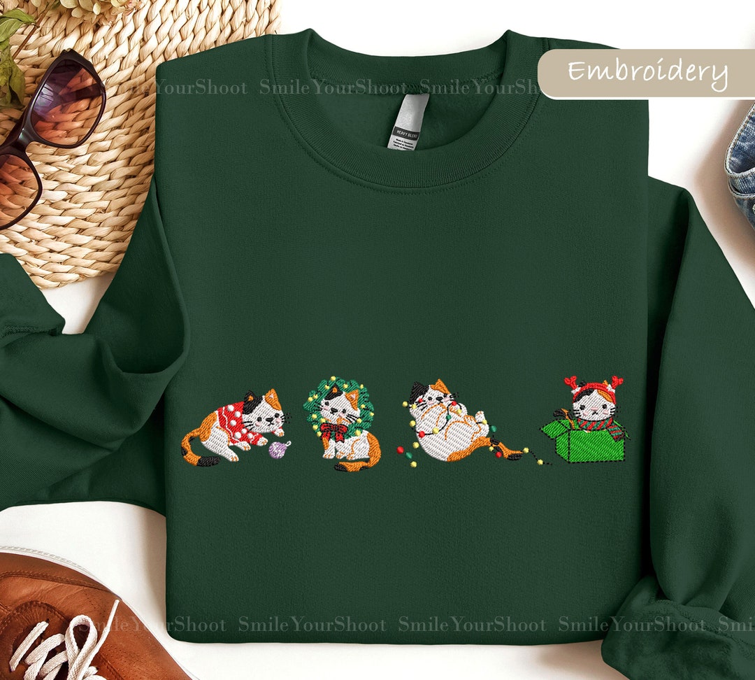 Embroidered Calico Cat Sweatshirt Christmas Cat Sweatshirt Cute Calico