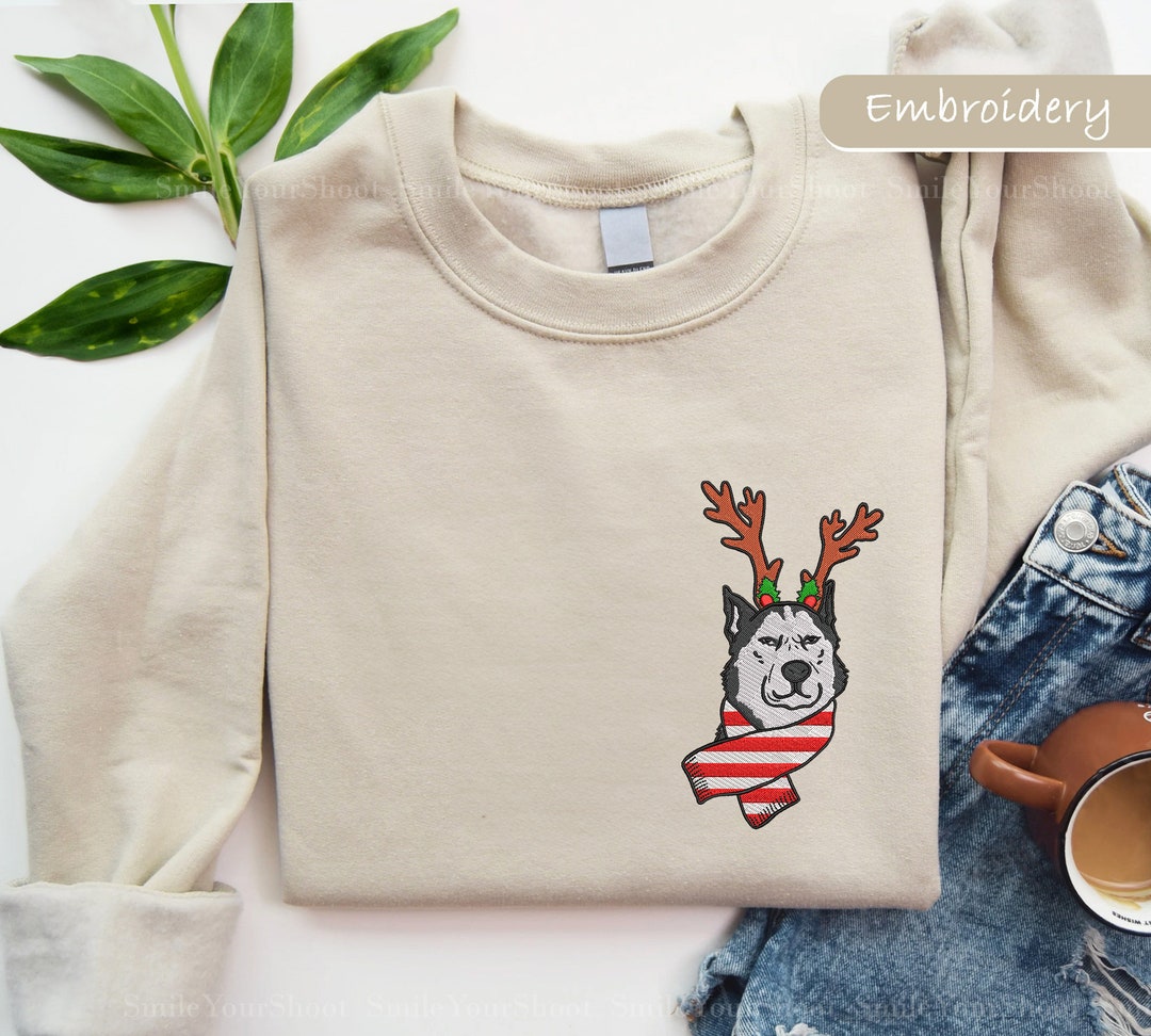Husky Christmas Embroidery Sweatshirt Funny Husky Sweatshirt Husky Mom