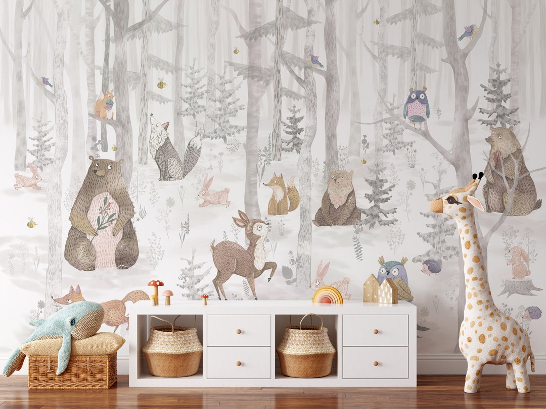 Nursery Woodland Wallpaper, Forest Animal Wallpaper, Forest Wall Mural ...