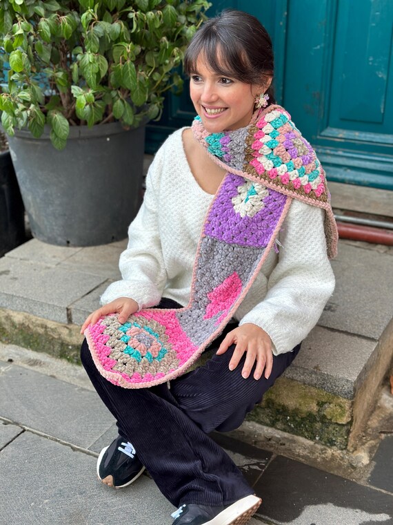 Flower Granny Crochet Scarf With Velvet Yarn 3D Flower