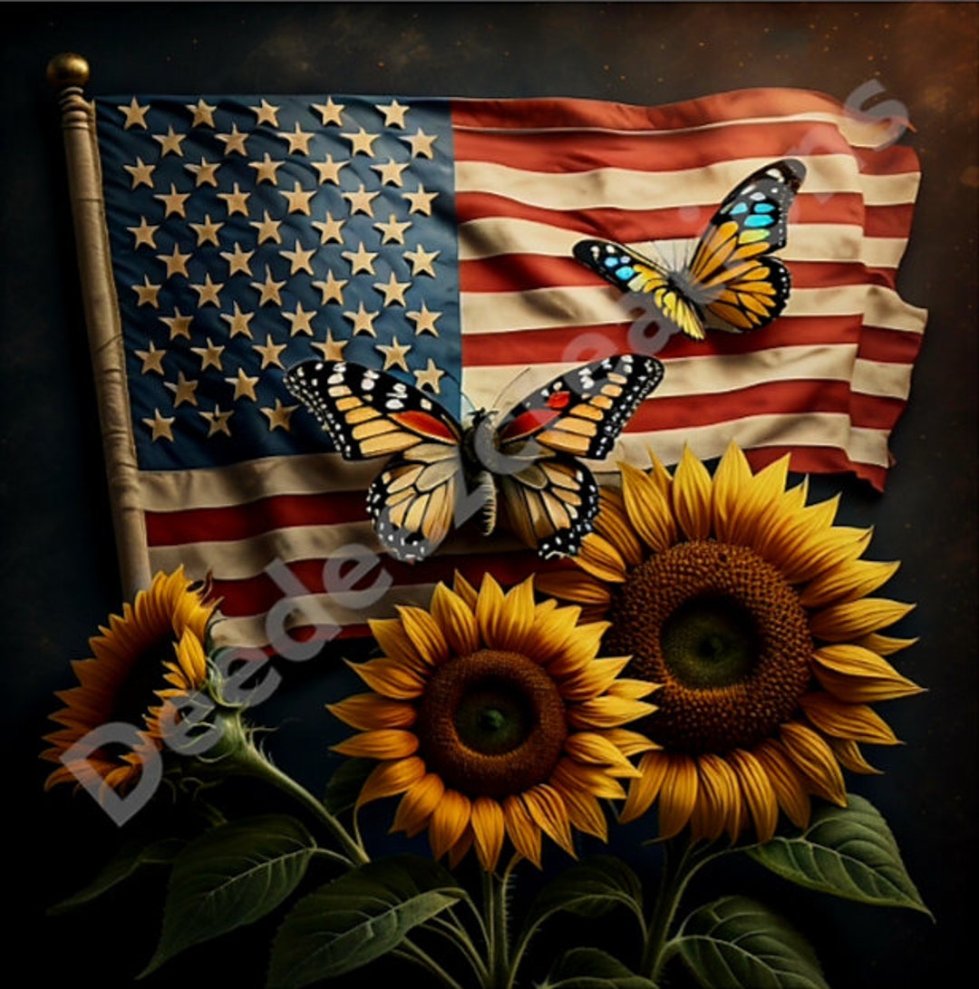Digital File Image American Flag Butterflies Sunflowers for Etsy