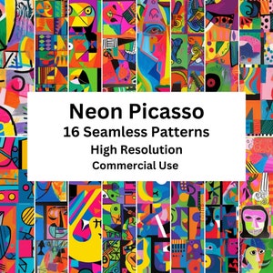 16 Neon Pablo Picasso Inspired Seamless Patterns, Digital Papers, Seamless Patterns, Printable, Instant Digital Download, High Resolution