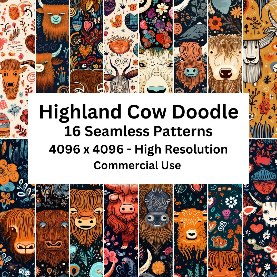 16 Highland Cow Doodle Seamless Patterns for Commercial Use | Farmhouse ...