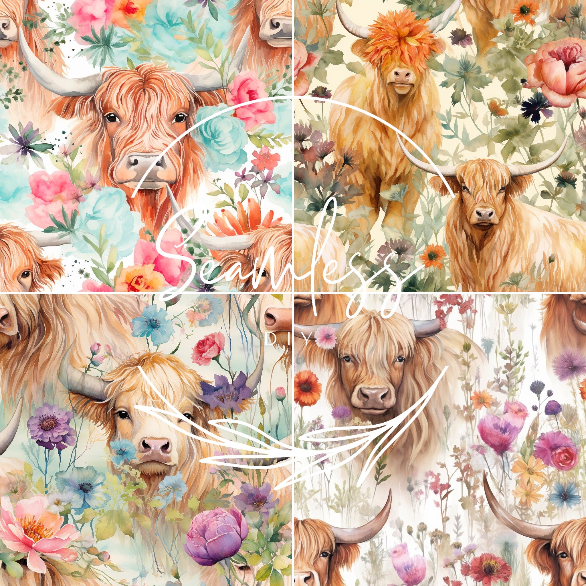 16 Highland Cow Floral Seamless Patterns, Charlotte Boho Floral Pattern ...