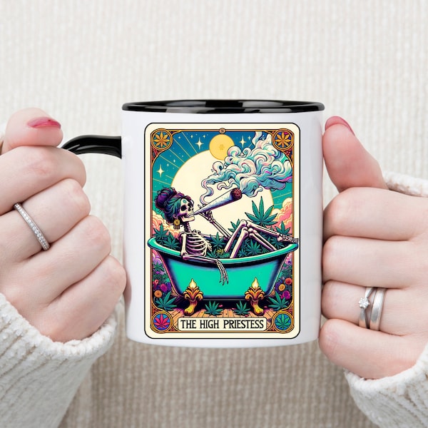 The High Priestess Tarot Card Ceramic Accent Mug, Witchy Graphic Mug, Sarcastic Skeleton Ceramic Cup, Mystical Mom Mug, Psychic Coffee Mug
