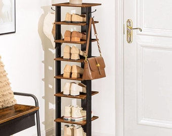 Shoe Rack, 8 Tier Shoe Storage Organizer with Hooks, Narrow Shoe Rack for 8 Pairs, Space Saving, Stable and Strong, for Entryway