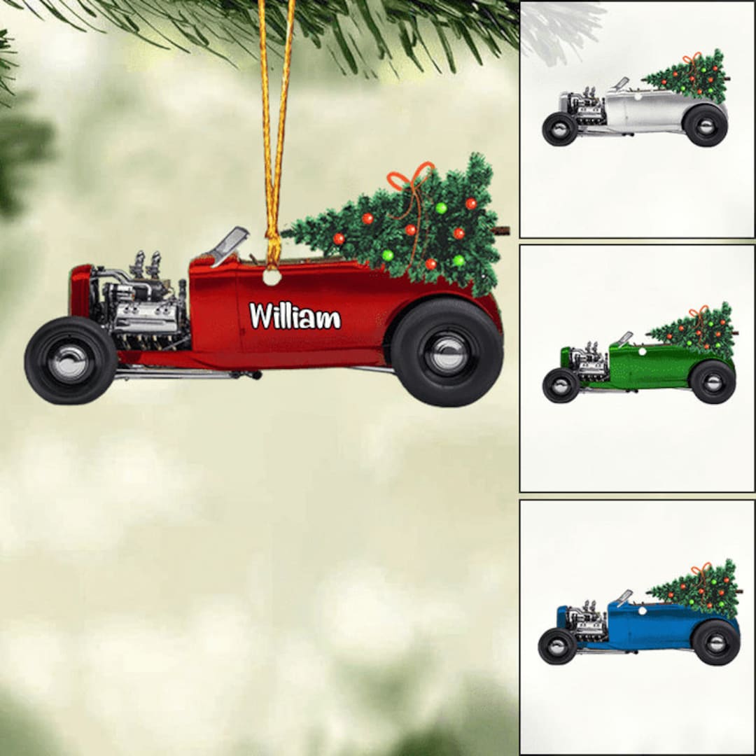 Personalized Hot Rod and Christmas Tree Ornament, Hot Rod Ornament, Hot