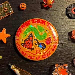 May include: An assortment of colorful, decorative items on a dark surface. Includes a round orange pin with the text "I WILL NOT SHUT UP ABOUT BUGS", a cassette tape, stars, a smiley face, and a record.