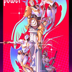 May include: A digital illustration featuring three armored figures in white and gold plate armor against a vibrant red background. The text YOU NEED MORE power appears in the top left corner. The figures hold swords and spears near a stone pillar.