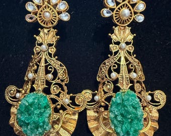 Light Blue Gemstone Polki Jhumki Earrings: Indian Pakistani Pearl Jewelry