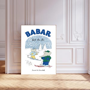 Babar el elefante Esquí, arte de la pared de la guardería, niños retro, arte de la pared de la habitación de los niños, arte de la pared del bebé neutral del género, impresión del arte de la guardería de la ilustración.