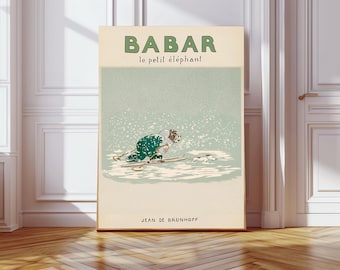 Babar the elephant Ski, nursery wall art, retro kids, Kids room wall art, genre neutral baby wall art, illustration nursery art print.