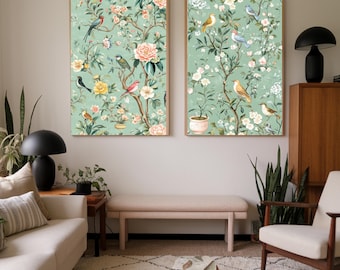 Set of 2 Minimalist Green Chinoiserie Art Prints Set  | Japandi Wall Art | Nature Inspired Japanese Decor, Japanese Wall Art, Ohara Koson