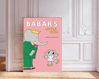 Babar the elephant Pink nursery wall art retro kids decor quote wall art genre neutral baby wall art illustration nursery print,