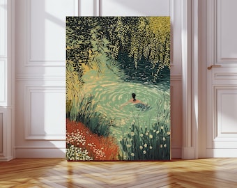 Kunstdruck „Wildes Schwimmen“, Giclée-Naturkunst, botanische Flusslandschaft mit Waldmotiv, Geschenk für Schwimmer