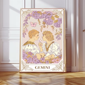 Impression signe astrologique des Gémeaux, art mural du zodiaque, carte de tarot, décoration de chambre à coucher bohème, horoscope spirituel, astrologie, cadeau, décoration de fille, art du signe astrologique