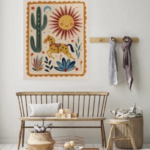 Lámina decorativa infantil con motivos caprichosos, lámina de caballos para guardería, lámina para habitación de bebé, estilo bohemio para sala de juegos infantil, arte mural ilustrado, lámina del Lejano Oeste. imagen 3