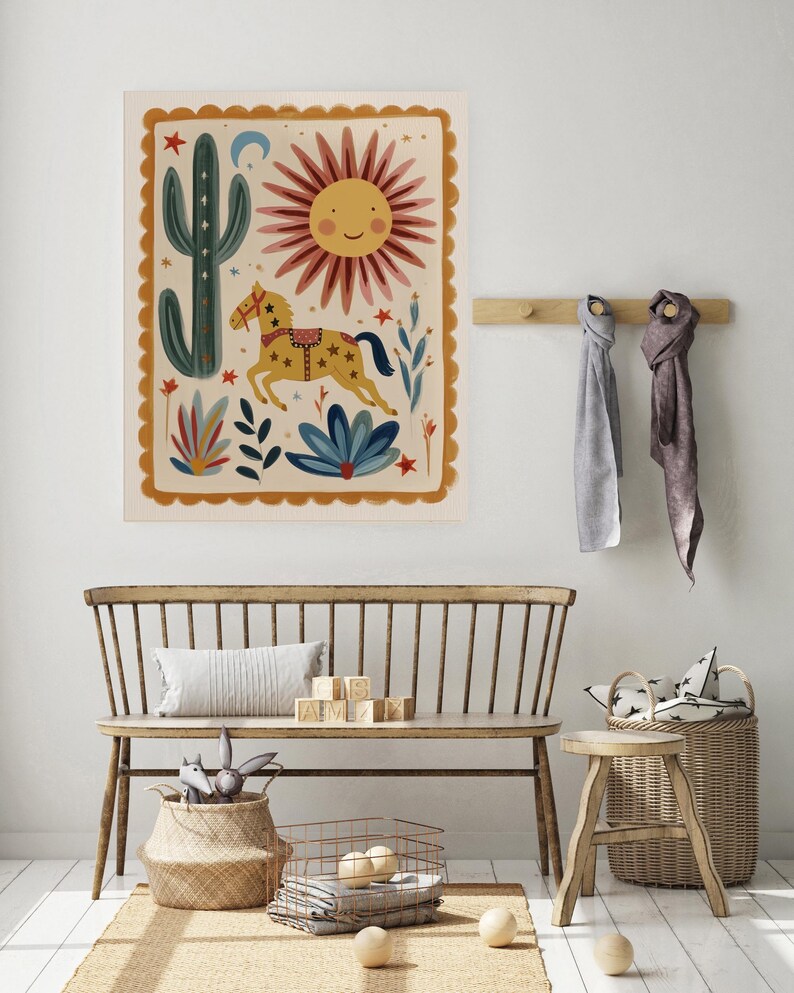 Lámina decorativa infantil con motivos caprichosos, lámina de caballos para guardería, lámina para habitación de bebé, estilo bohemio para sala de juegos infantil, arte mural ilustrado, lámina del Lejano Oeste. imagen 3