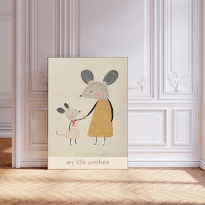 Impresión artística de ratón de estilo vintage, lindo arte de pared minimalista de ratón para guardería, habitación de niña, habitación infantil monocromática, lindo arte animal para habitación de niños