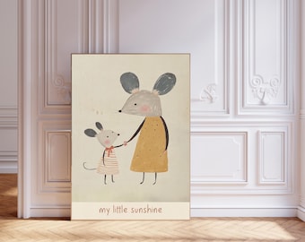 Vintage-Stil Maus Kunstdruck, niedliche Maus Minimalistische Kinderzimmer Wandkunst, Girly Zimmer, Monochrome Kinderzimmer, niedliche Tier Kunst für Kinderzimmer