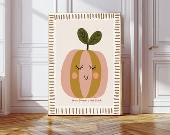 Cute Peach Nursery Print, Baby Nursery Art, Fruit Nursery Art, Whimsical Animal Art, kids room Decor, Nursery Art Print, kids room decor