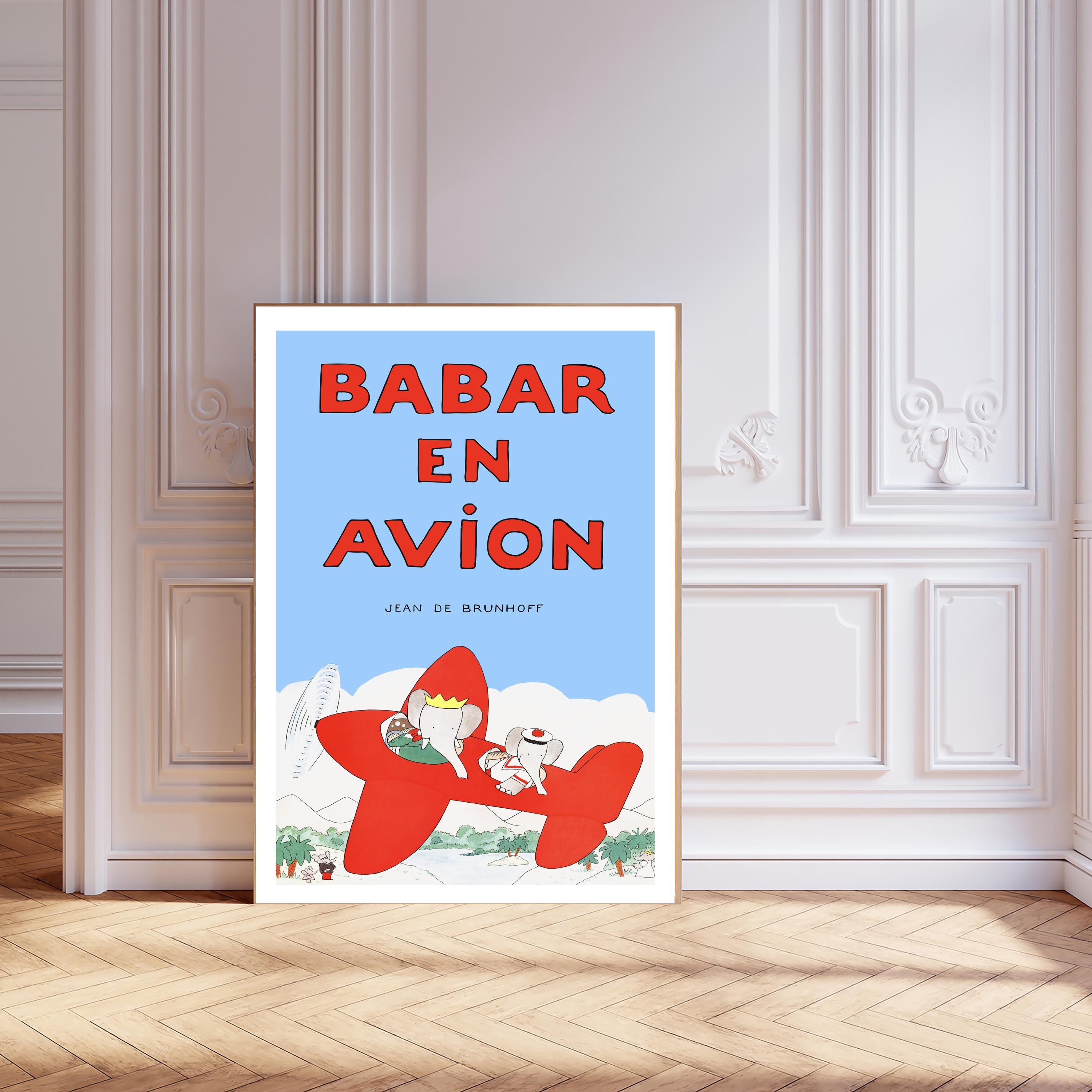 Babar the Elephant En Avion Nursery Wall Art Retro Kids Decor