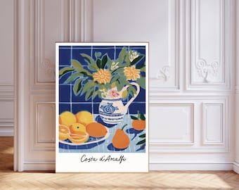 Wall Art, Fruit Market Poster, Lemon Poster, Food Illustration, Food Art Kitchen Decor, Amalfi Lemons Italy Retro Poster, Fruit Market Print