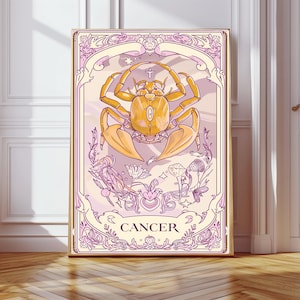 Impression signe astrologique cancer, art mural zodiaque, carte de tarot, déco de chambre bohème, horoscope spirituel, astrologie, cadeau, déco fille, art signe astrologique