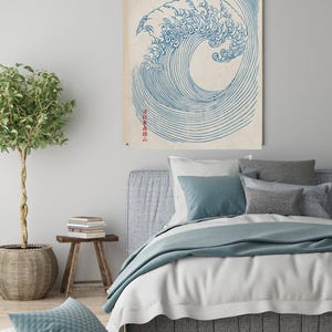 Puede incluir: Una ilustraci&oacute;n azul y blanca de una gran ola rompiendo, con texto japon&eacute;s en rojo en la parte inferior. La ola est&aacute; dibujada en un estilo japon&eacute;s tradicional, con l&iacute;neas finas y detalles intrincados. La imagen est&aacute; impresa en un fondo de papel texturado.