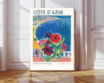 Arte de la Costa Azul, arte de la Riviera Francesa, arte mural colorido, arte mural vintage, arte mural de playa, póster de viaje a Francia, arte mural