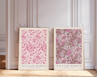 Set of two William Morris floral prints, Vintage botanical wall art, flower print set, exhibition print, textiles art, museum print, Pink