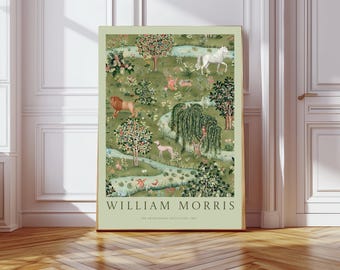 May include: A framed print featuring a detailed illustration with a green and beige color palette. The artwork depicts a pastoral scene with animals, trees, and water features. The text "WILLIAM MORRIS" is displayed at the bottom.