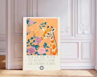 Lámina artística del zoológico de Londres, lámina artística publicitaria vintage, lámina artística de animales para decoración de pared, arte de pared, lámina artística de jirafa, William Morris, lámina de zoológico.