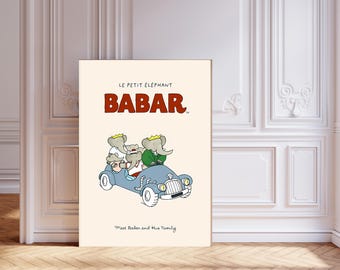 Babar the elephant nursery wall art, retro kids, Kids room wall art, genre neutral baby wall art, illustration nursery art print.