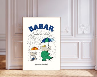 Babar the elephant Rain nursery wall art retro kids decor quote wall art genre neutral baby wall art illustration nursery print,
