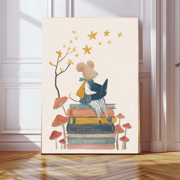 Storybook Mouse Nursery Print, Autumn Reading Book Wall Art, Kids Room Decor