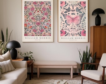 Set of two William Morris floral prints, Vintage botanical wall art, flower print set, Butterfly print, textiles art, museum print, Pink