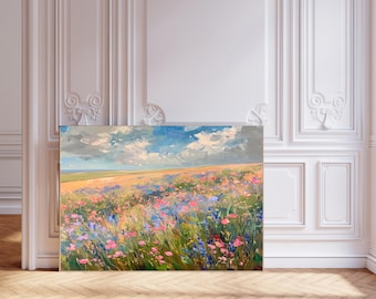 Landscape Art Print, Meadow Art Print, Abstract colorful landscape painting, colorful brush strokes nature print, oil  painting print,