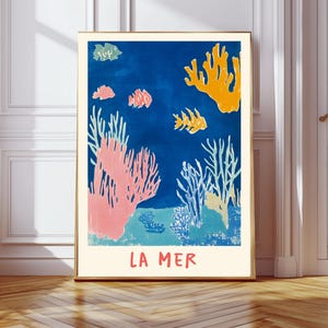 La Mer - Póster de mar - Impresión de conchas marinas - Decoración costera francesa - Arte de pared azul, decoración de casa de playa, impresión de arte marino, impresión costera, impresión navideña